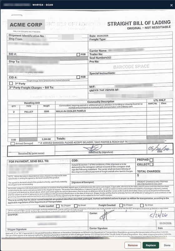 La orden de entrega firmada, escaneada en la recepción